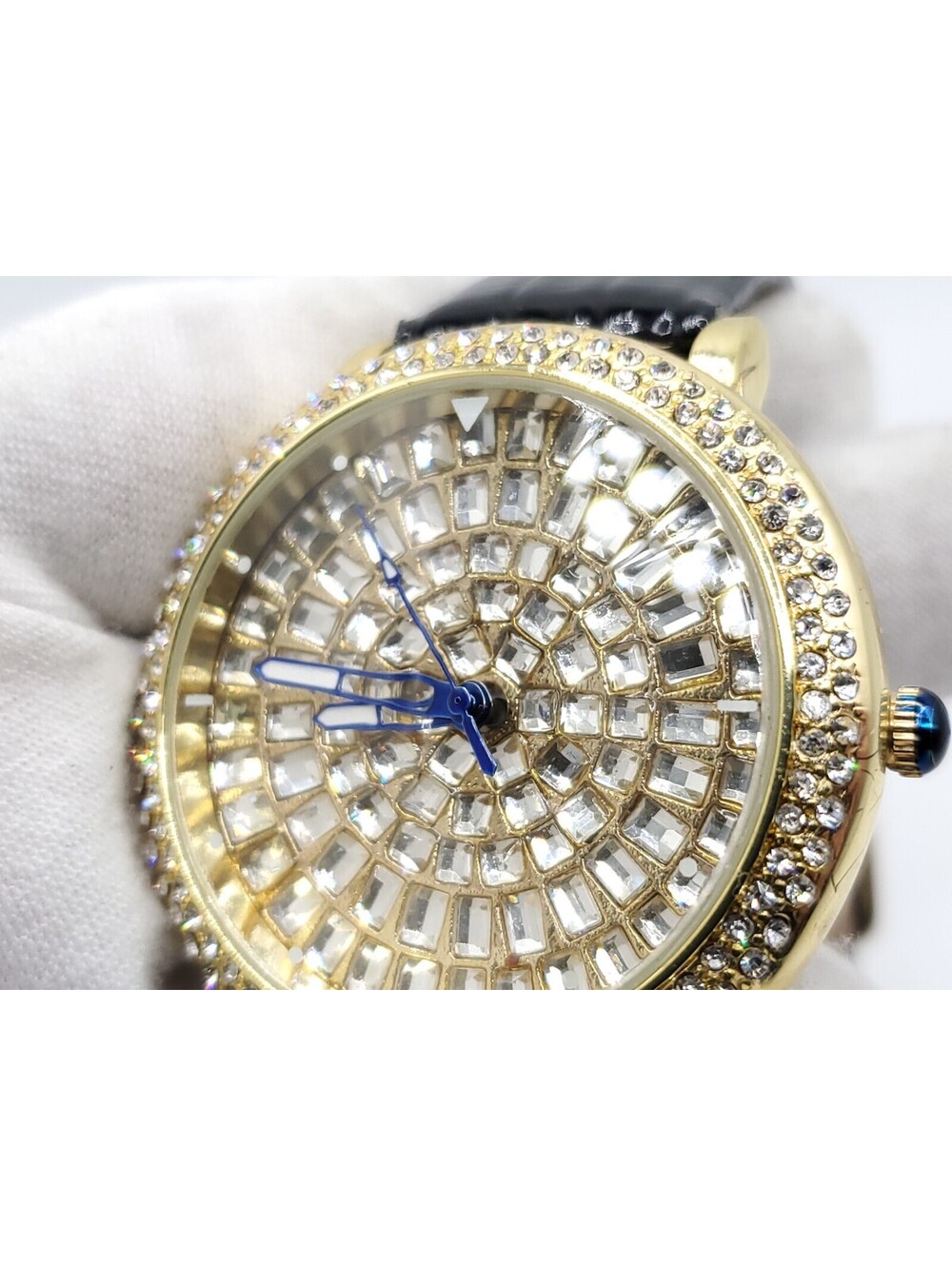 Strada Prisim Gem Quartz Watch Women New Battery Gold Tone Rhinestone Bezel 43mm - Picture 7 of 14